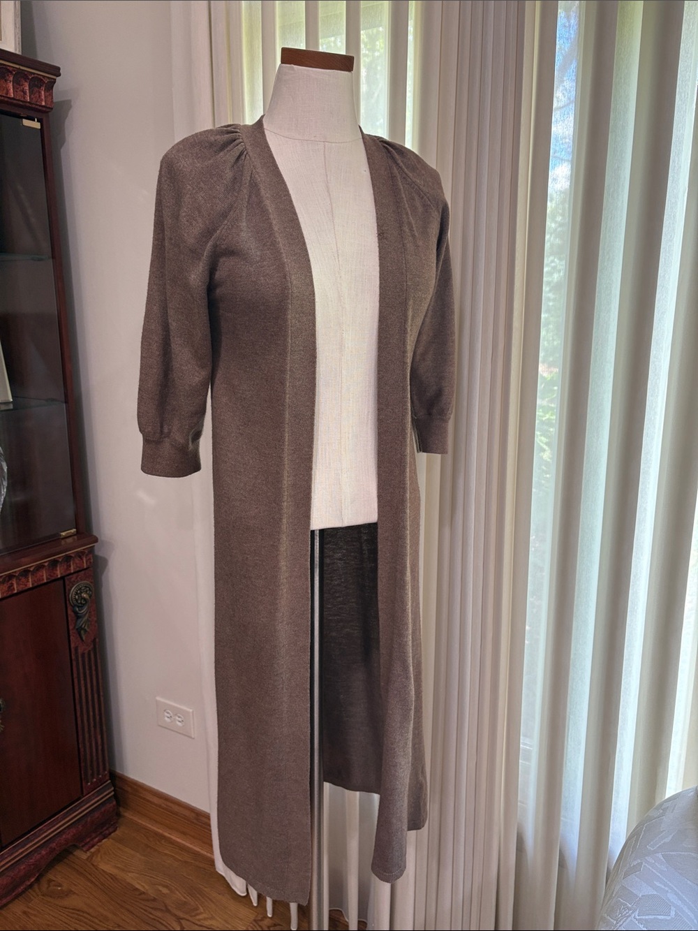 Express long light  Brown Open-Front light  Knit Cardigan puff 3/4 sleeve XXS
